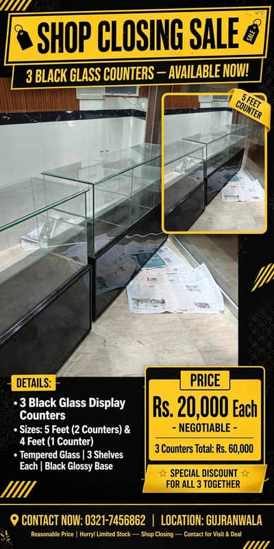 Three shop counters with mirror and glass shelves