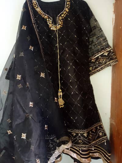 black plazo with embroidered shirt and long dopata