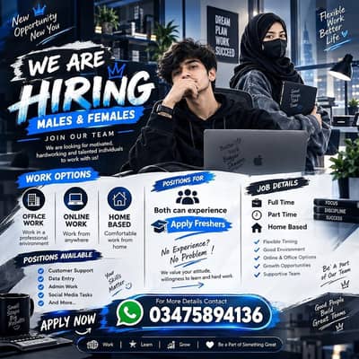 We are hiring Staff for online and home base work  female or male