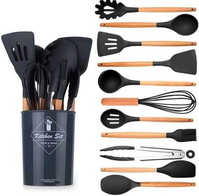 Silicone Kitchen Utensil Set with Wooden Handles Non Stick Spoons