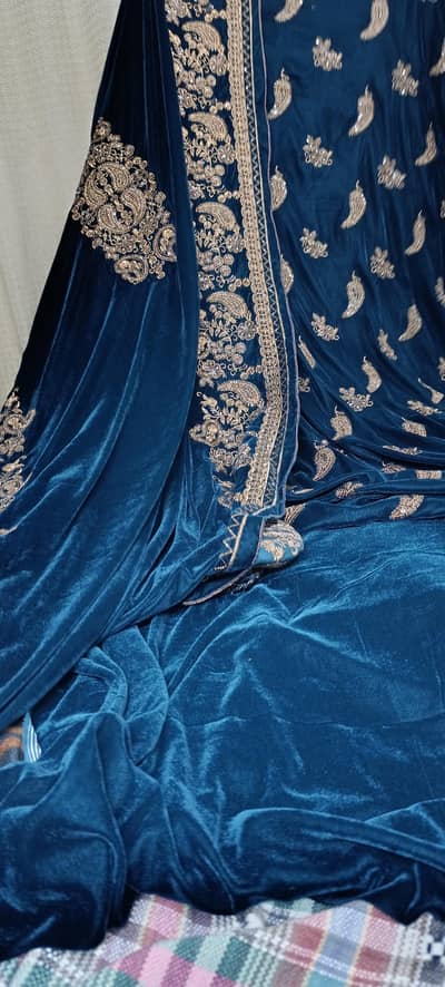 3 Piece Heavily Embroided Teal Velvet Dress