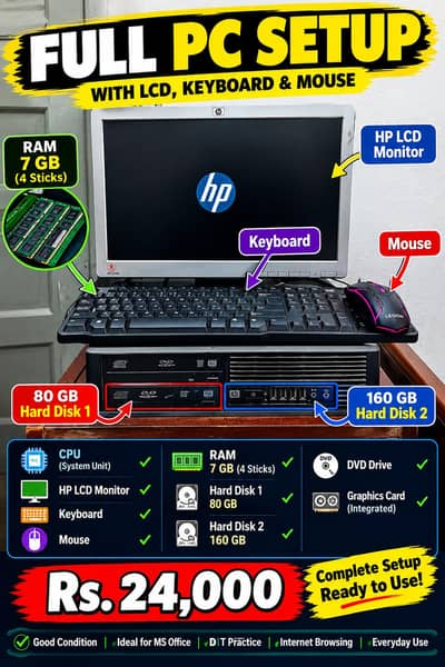 HP Desktop Computer with LCD Monitor – 7 GB RAM, 240 GB Storage