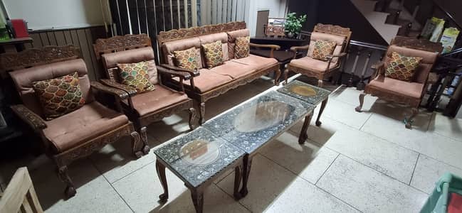 Traditional Akhrot Wood 7 Seater Sofa Set