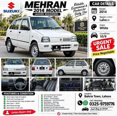 Suzuki Mehran VX 2014 Urgent sell 03259759776 exchange with Honda city