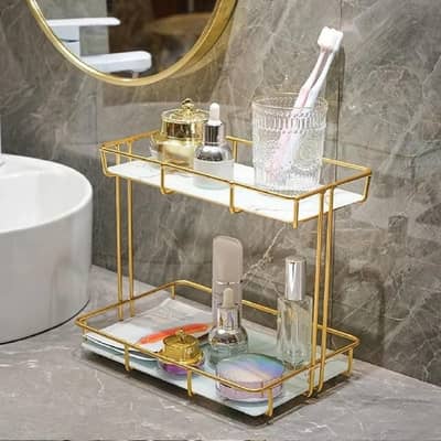 premium metal makeup organizer . white glass top.