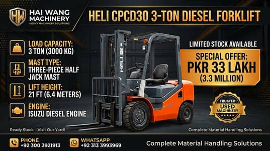 Heli 3 Ton Forklift | 21 Feet Height (3-Piece Half Jack Mast) | Isuzu
