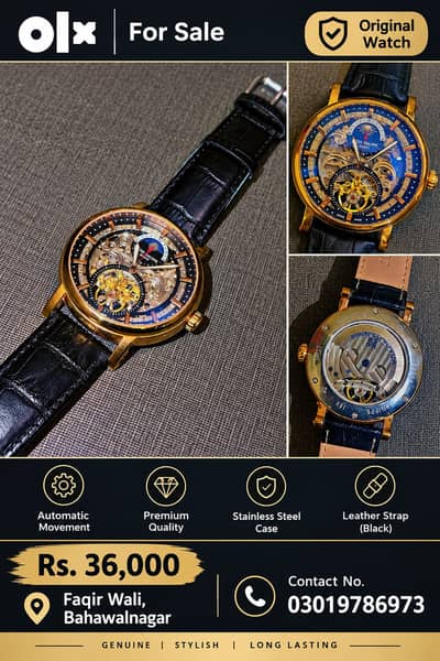 Luxury Golden Skeleton Automatic Watch with Black Leather Strap – Rs.