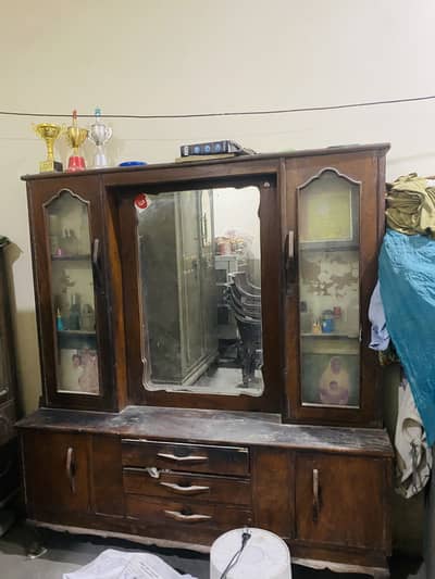 Solid Wooden Crockery Showcase and Dressing Table Set - Good Condition