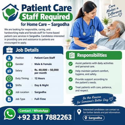 Patient Care Staff Required for Home Care – Sargodha
