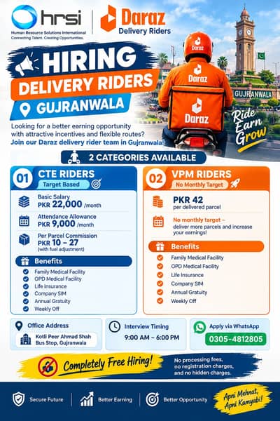 Courier Delivery Bike Riders Required For Daraz