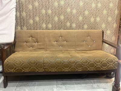 3 Seater Wooden Sofa Set – Good Condition | Brown & Golden