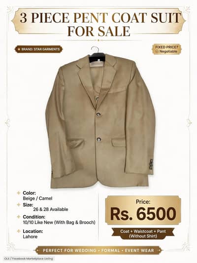 3 piece pent coat suit size 26 and 28 golden beige colour Rs. 6500,
