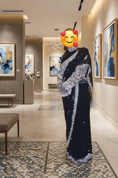 Black Shafoon sari silver dapka work full  art of blouse