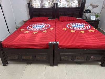 PURE WOODEN 2 SINGLE BEDS WITH A NIGHT STAND AND MATRESSES