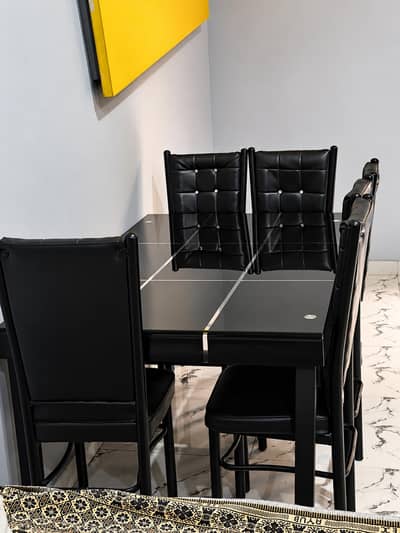 Modern Black Glass Dining Table Set with 6 Chairs