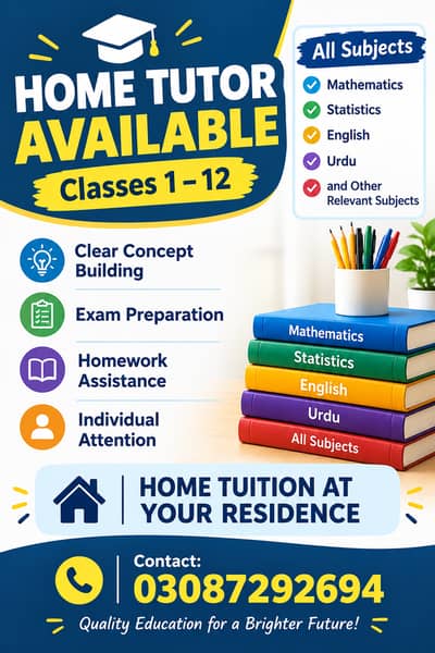 HOME TUTOR AVAILABLE – CLASSES 1 TO 12