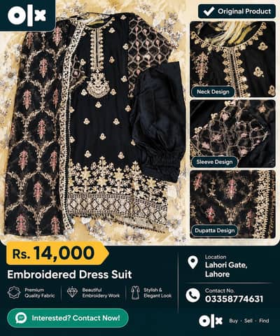 Black Embroidered Ladies dress Suit with Dupatta  - Elegent Party Wear