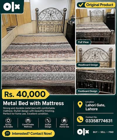 Stylish Silver Metal Bed with Mattress – Elegant Design | Lahore