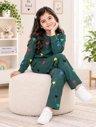 2 Pcs Girl's Fleece Printed Shirt And Trouser Suit