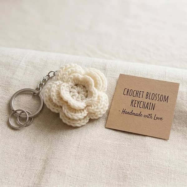 Crochet Blossom Flower Key Chain by [Brand/Model Name] - Handmade Yarn Keyring and Tote Charm
