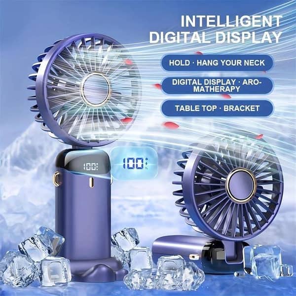 5-in-1 Rechargeable Mini Fan with Intelligent Digital Display - Portable USB Folding Fan with 90° Neck, Aromatherapy, Phone Stand