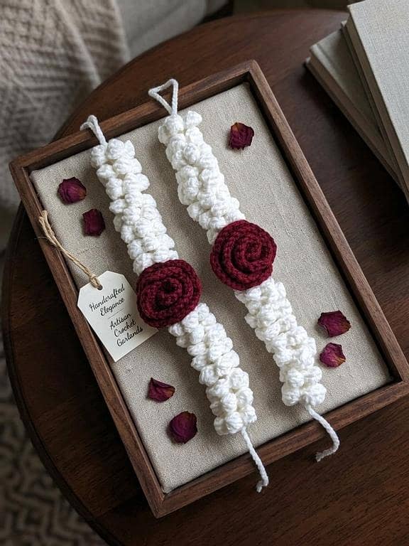 Handmade Single Crochet Gajra for Women & Girls – Reusable Woolen Flower Gajray Wrist Bands in Red and White