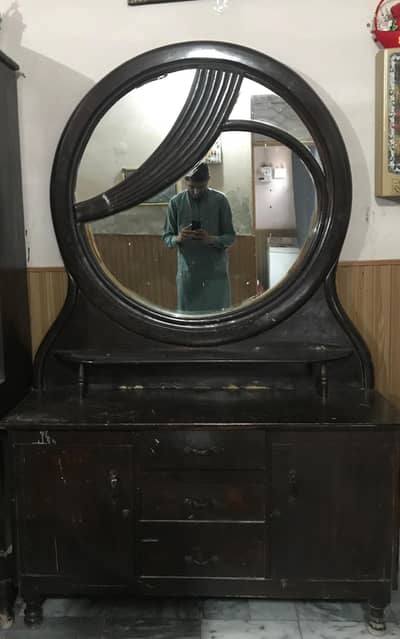 Wooden Dressing Table with Round Mirror & Storage