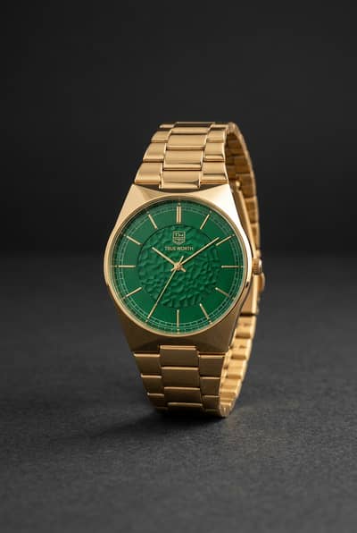 Title idea: True Worth Gold-Tone Green Dial Quartz Watch with Box (Nee