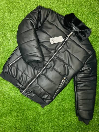 Leather puffer jacket black colour trending jacket 
