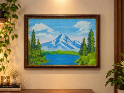 Handmade mountain and lake landscape Painting framed wall art.