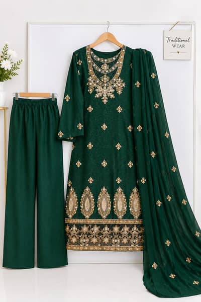Stitched Elegant Emerald Green Embroidered Maxi Dress – Ready to Wear