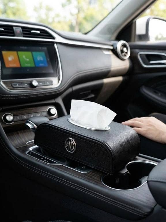 "Premium Leather Car Tissue Box Holder with MG Logo - Auto Interior Accessory"
