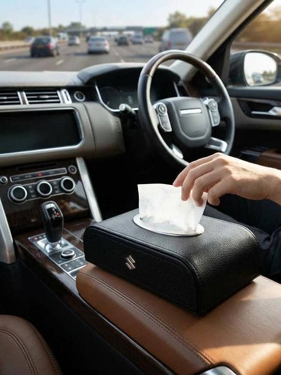 "Premium Leather Car Tissue Box Holder with Suzuki Logo - Auto Interior Accessory"