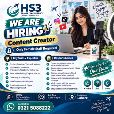 Female Content Creator Required – Lahore | HS3 Travel Consultancy