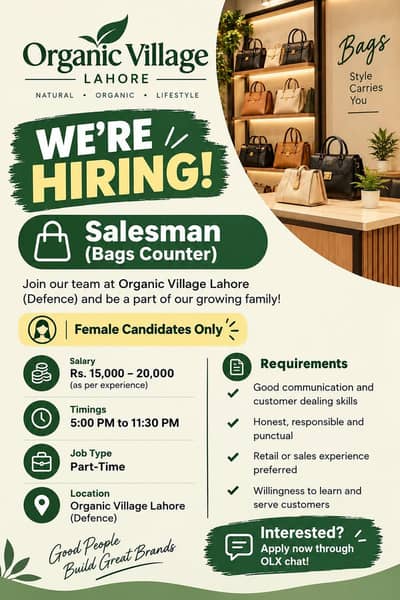 Female Salesperson Required – Bags Counter | Defence Lahore