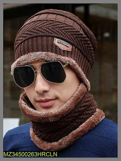 Men Whool Beanie & Neck Warmer Set Brown Winter Warm