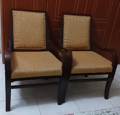 Pair of Vintage Wood Armchairs with Mustard Fabric