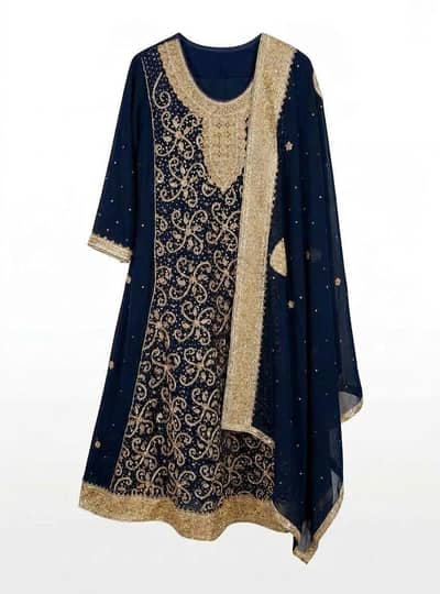 Navy Blue Heavy Embroidered Maxi - Fancy Party Wear - large