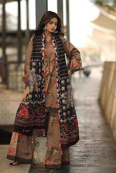 beautiful brown printed 3 piece khaddar suit for women brand new