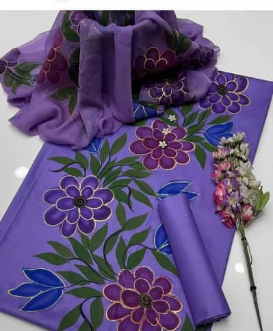 Purple Floral 3pc Silk Suit - Latest Design - Free Delivery Lahore
