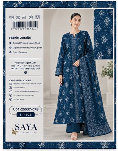 SAYA 3 Piece Digital Printed Lawn Suit for Women – Blue Embroidered Co