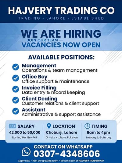 Hajvery Trading Co Chuburji Lahore-staff required