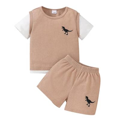 kids dinasour vest suit khakki waffel summer wear