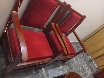 Wooden Sofa Set with 2 Chairs – Red Cushions