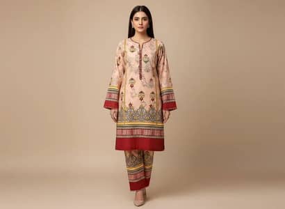 Women Unstitched Printed Suit Pink Polo Cotton 2 Pcs