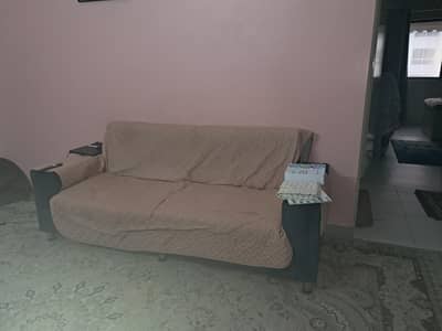 Modern 3-Seater Fabric Sofa with Built-in Wooden Armrest Table