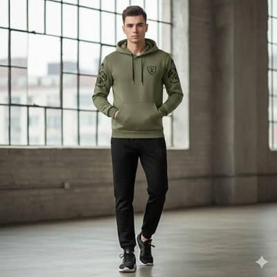 Men royal green Crest Track suit green black fleece