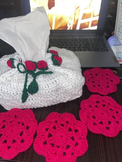 Handmade crochet tissue box cover and tea coaster