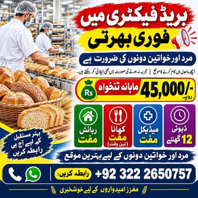 Urgent Hiring Bread Factory Staff – Male & Female – Salary 45,000