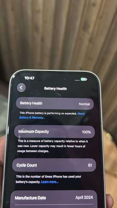 Apple iPhone 15 Pro Max 100% battery health 61 cycle counts